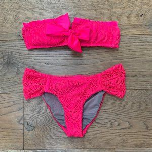 Betsey Johnson Pink Love Lace Crochet Matching Bikini Set